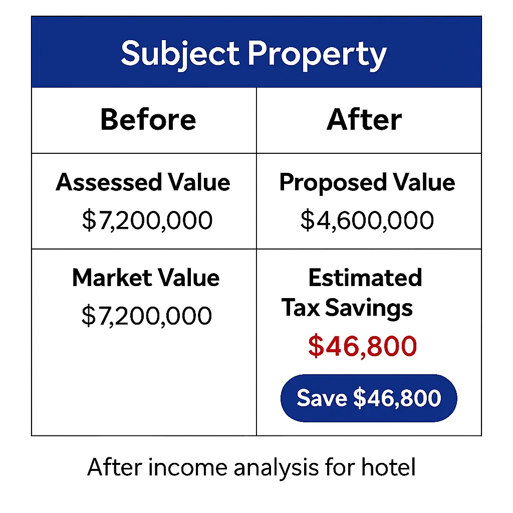Property tax reduction visual showing strategic savings for commercial clients snapshot