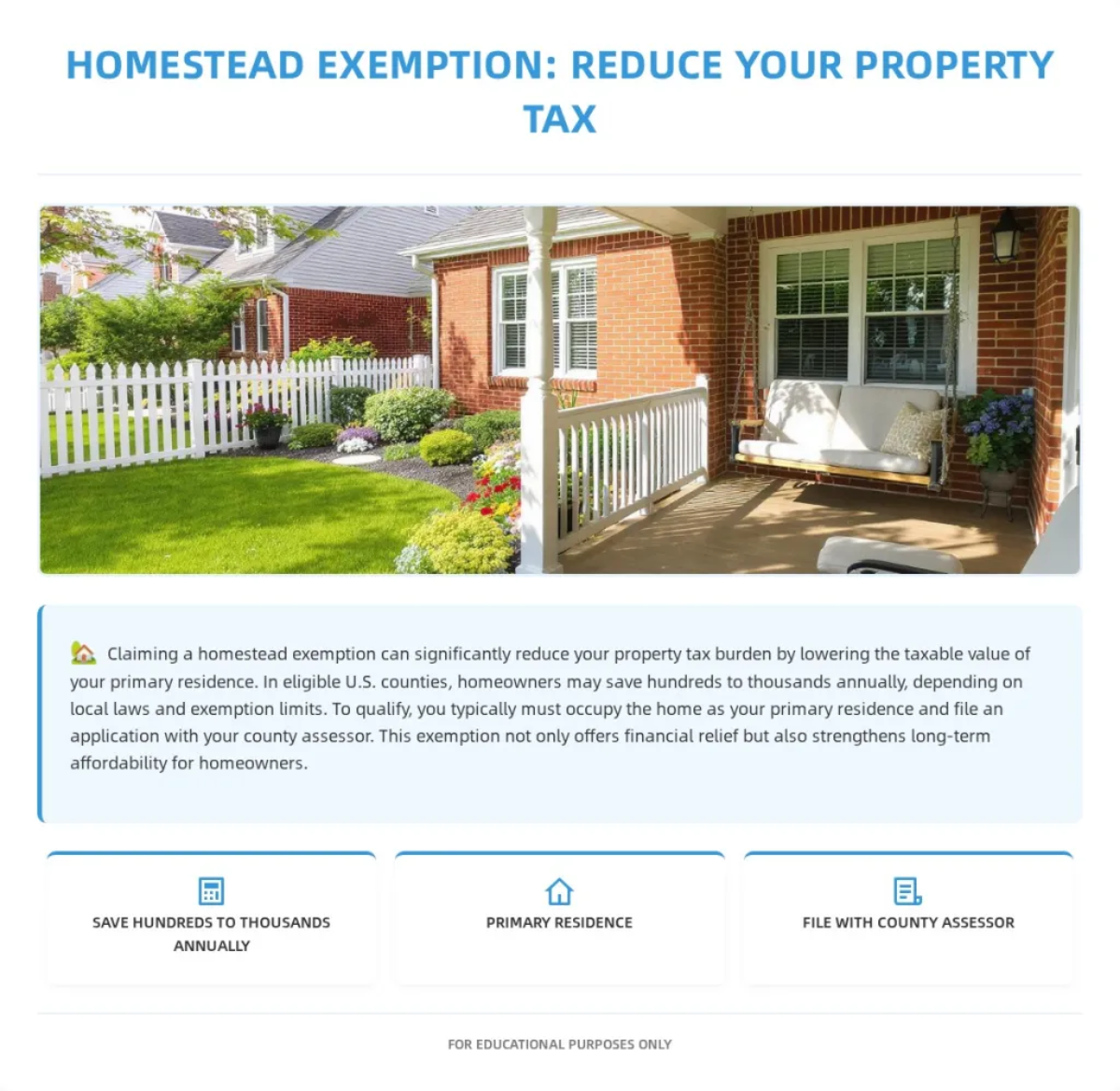 "Illustration of a family home with shield icon, symbolizing property tax protection through homestead exemption for primary residences.