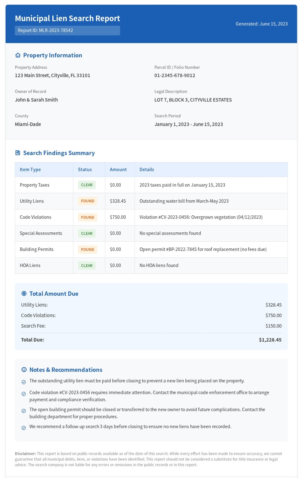Municipal Lien Search Report – Summary